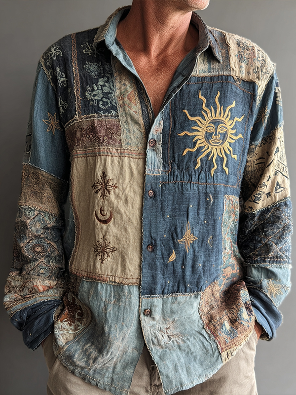 Men's Mysterious Hippie Sun Face Print Long Sleeve Shirt
