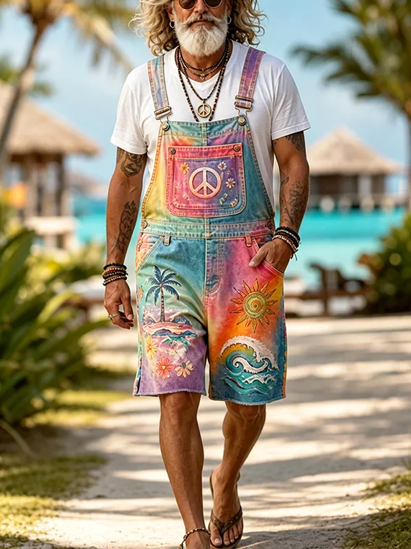 Men's Seaside Vacation Waves Hippie Sun And Peaceful Gradient Print Shorts Overalls