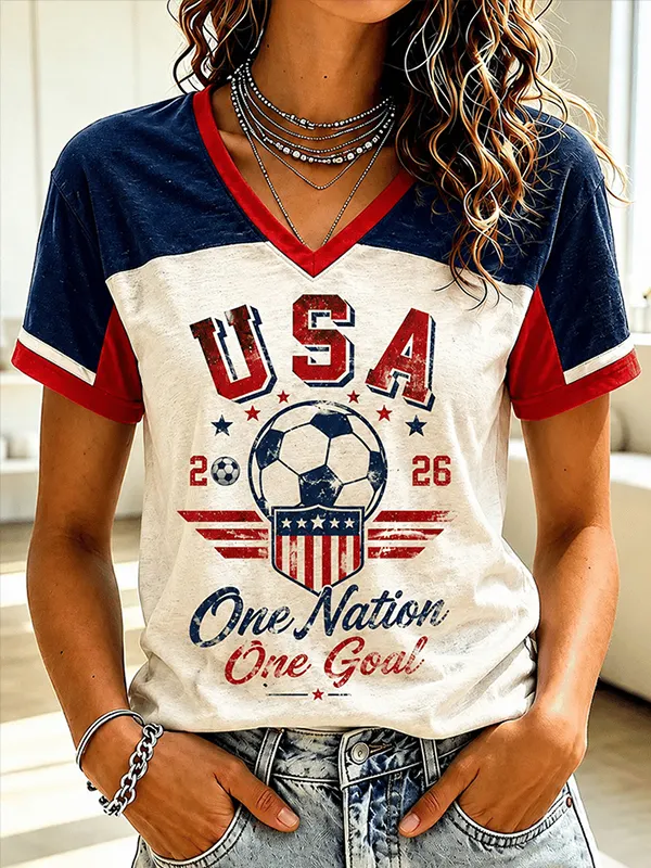 Women's 2026 USA Soccer One Nation One Goal Print V Neck T-Shirt