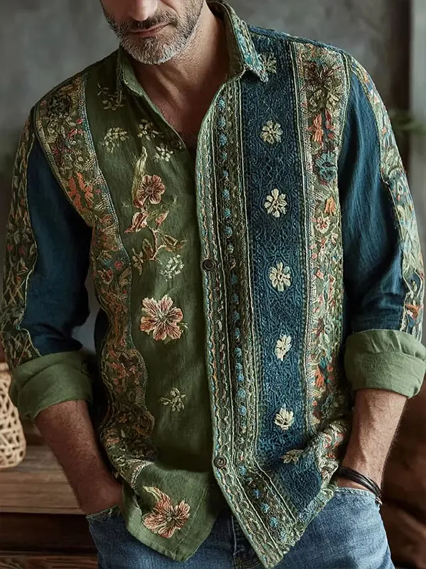 Men's Retro Ethnic Floral Patchwork Print Long Sleeve Shirt