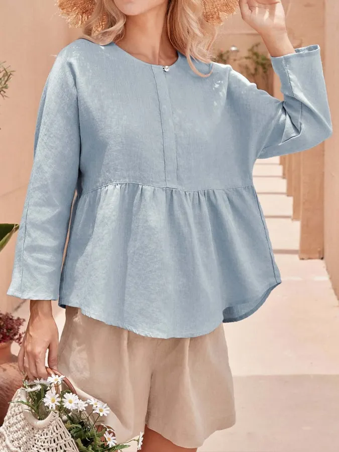 Women's Linen Crew Neck Casual Long Sleeve Top