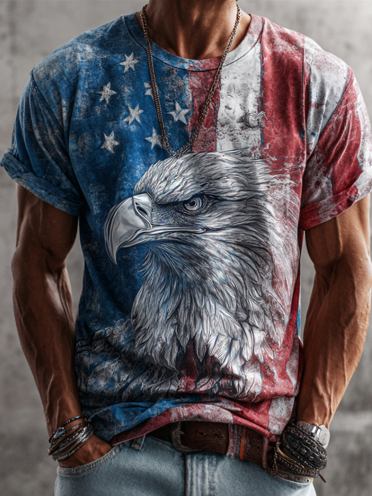 Men's Vintage Distressed American Flag Bald Eagle Head Art Print T-Shirt