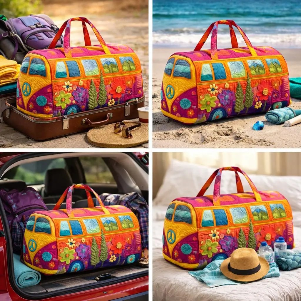 Unisex Boho Quilted Weekender Travel Bag, Lightweight & Comfortable, Hippie Design