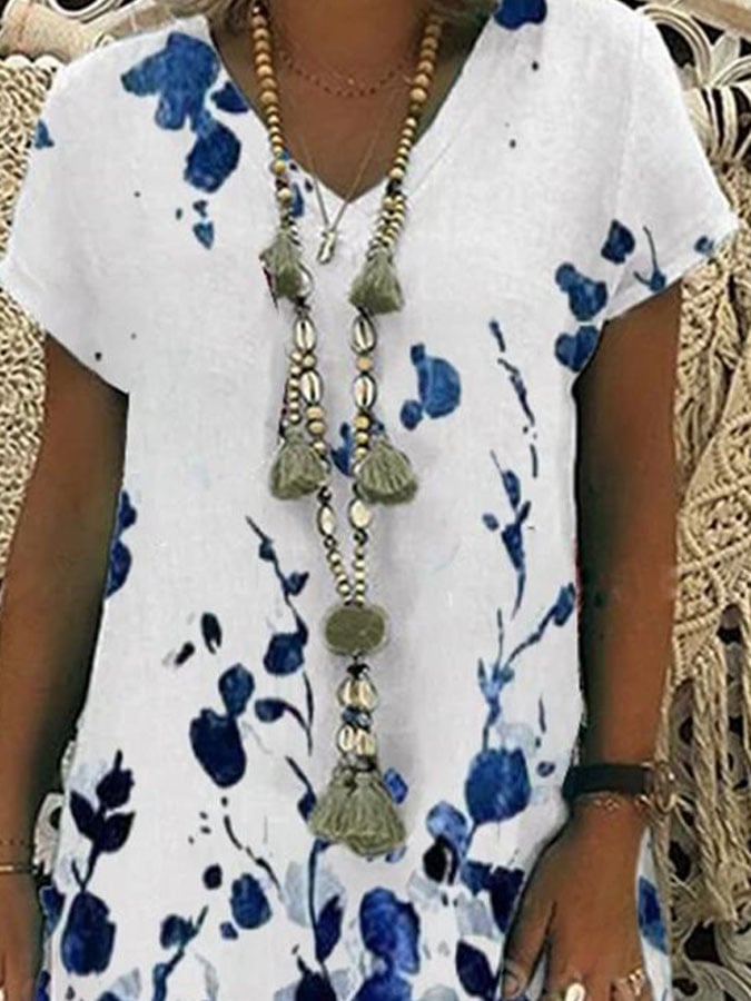Women's Casual Loose V- Neck Short Sleeve Dress