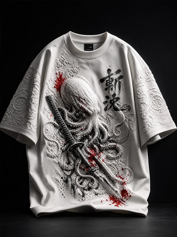 Men's Japanese Katana Octopus Ukiyo-e Art Print Casual T-Shirt