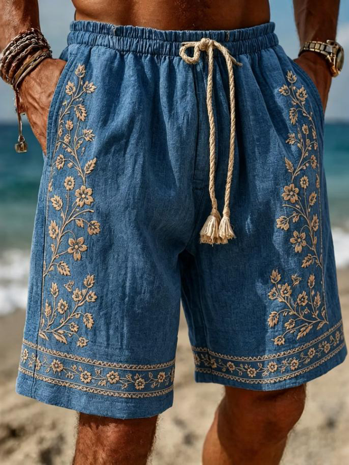 Men's Retro Flowers Natural Art Print Casual Shorts
