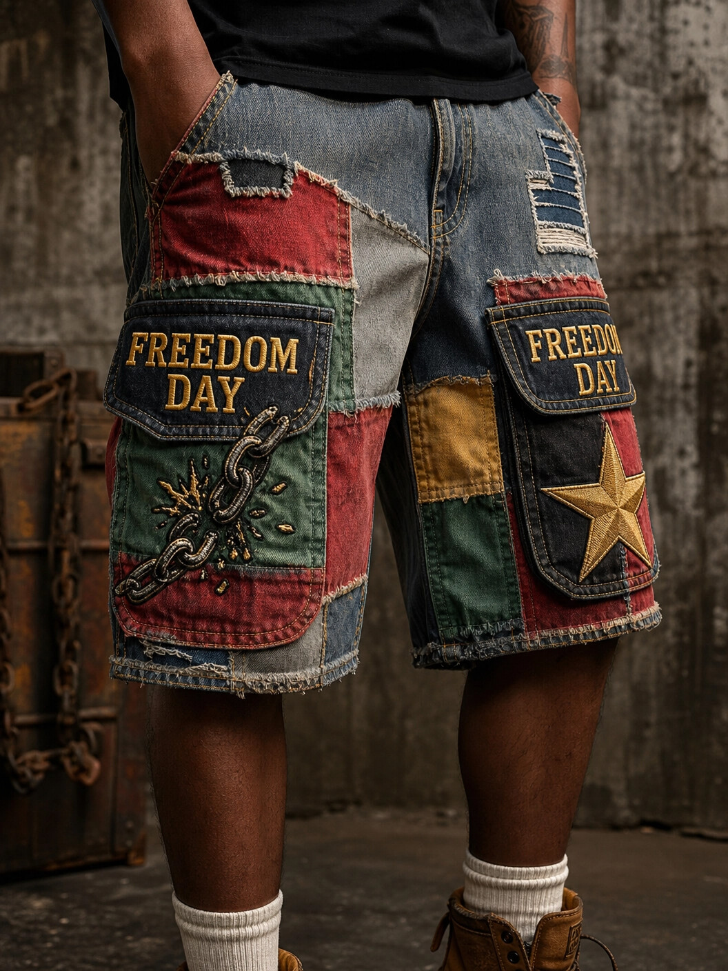 Men's Freedom Day Colorblock Breaking Every Chain Print Cargo Shorts