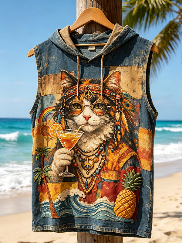 Men's Retro Hippie Cat Drinking Patchwork Print Hooded Tank Top