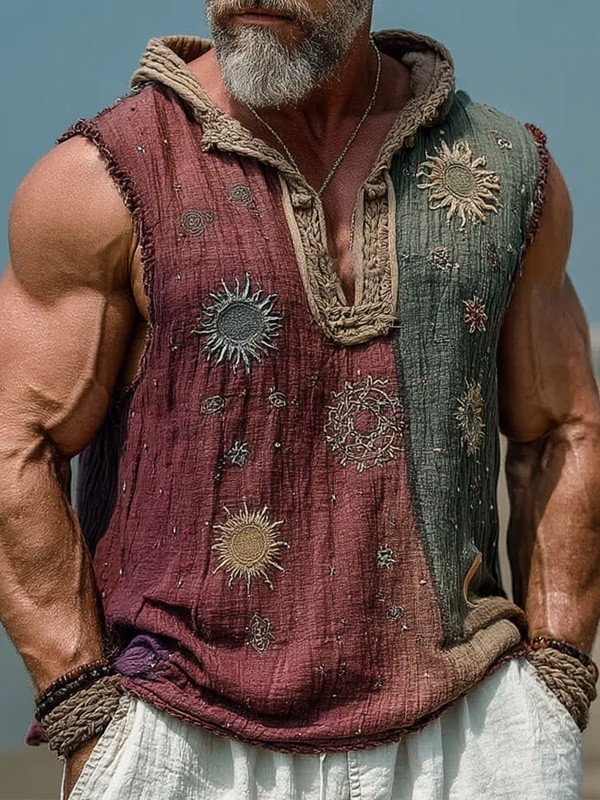 Men's Boho Sun Color Block Print Hooded Tank Top