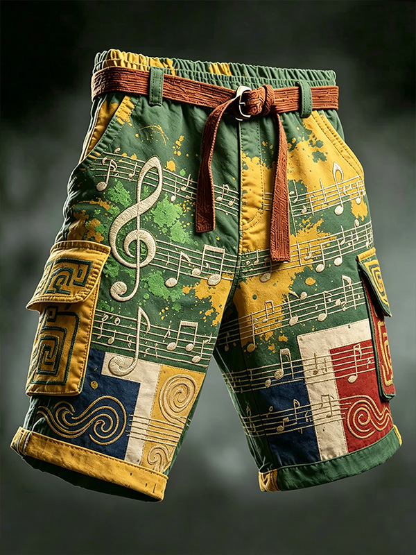 Men's Geometric Patterns Musical Notes Print Cargo Shorts