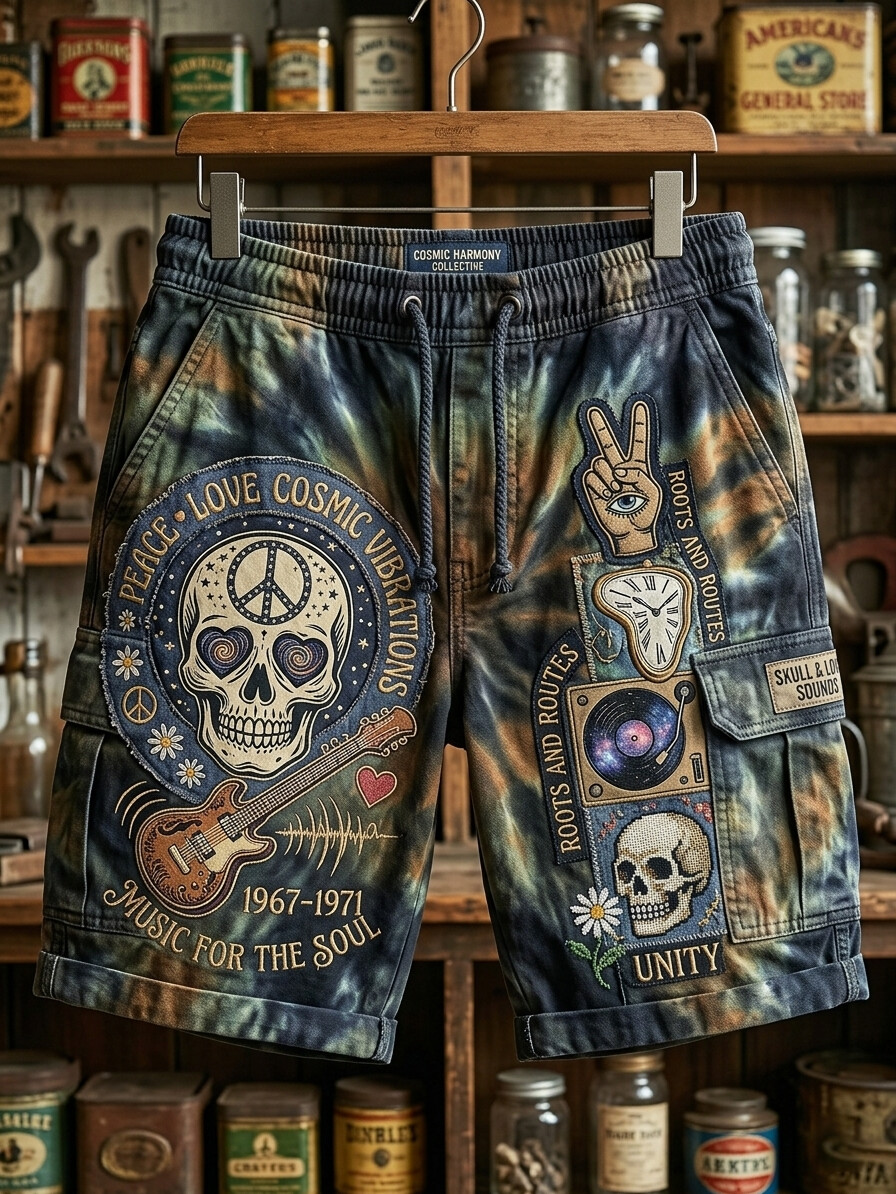 Men's Peace Love Cosmic Vibrations Music  For The Soul Skull Tie-Dye Print Cargo Shorts