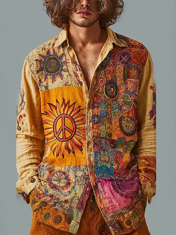 Men's Hippie Bohemian Retro Peace Floral Print Long Sleeve Shirt