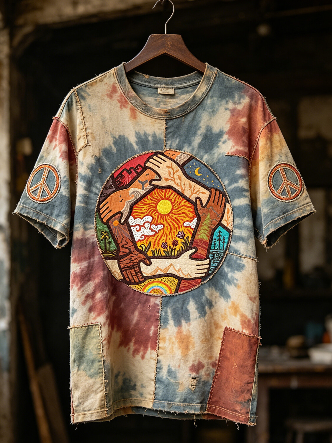 Men's Tie-Dye Peace Sign Patchwork Print T-Shirt
