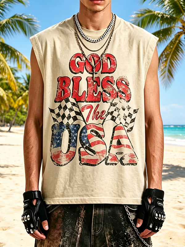 Men's Checkered Flag God Bless USA Print Casual Tank Top
