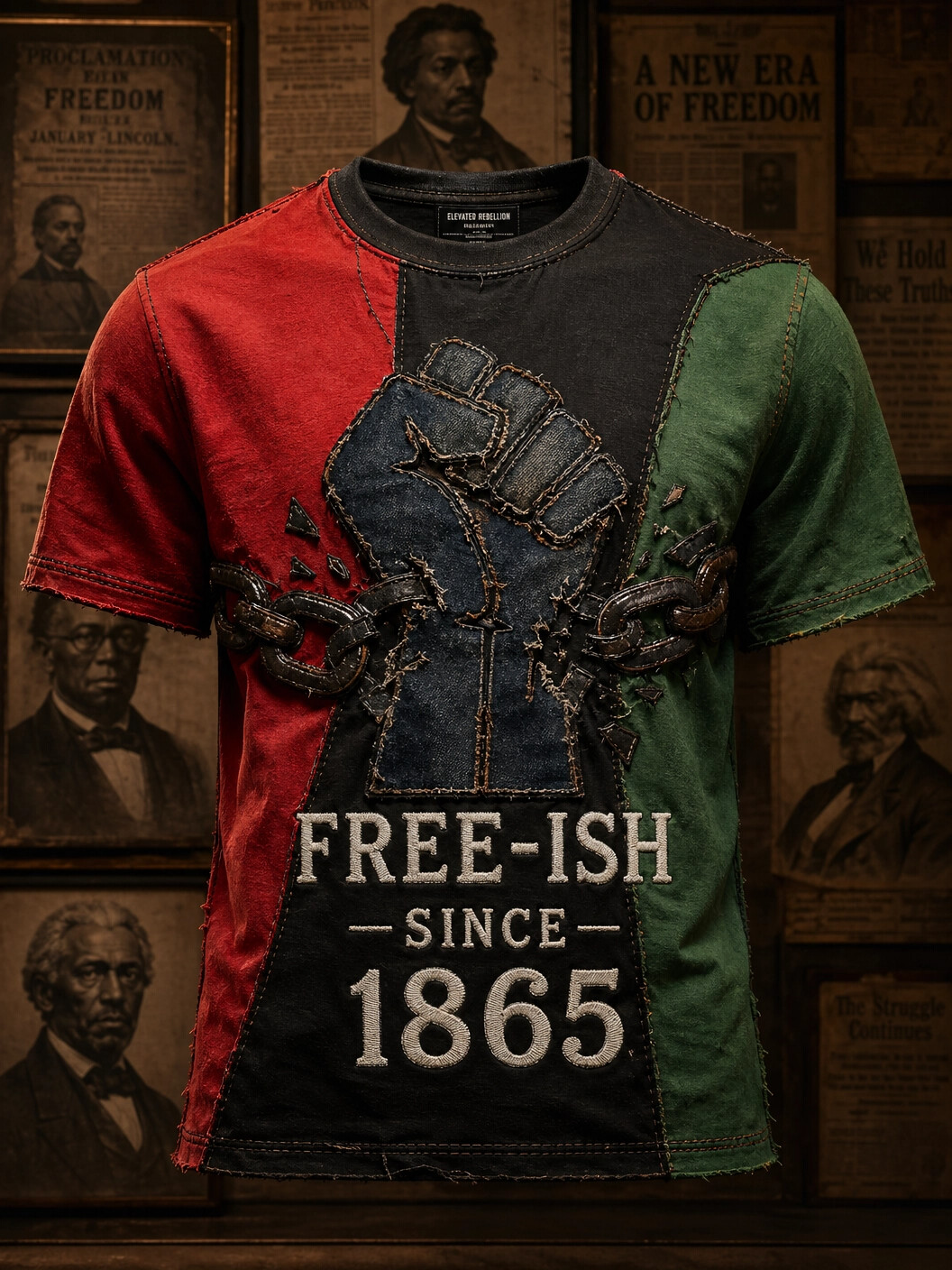 Men's Colorblock Black Fist Free-ish Since 1865 Print Casual T-Shirt