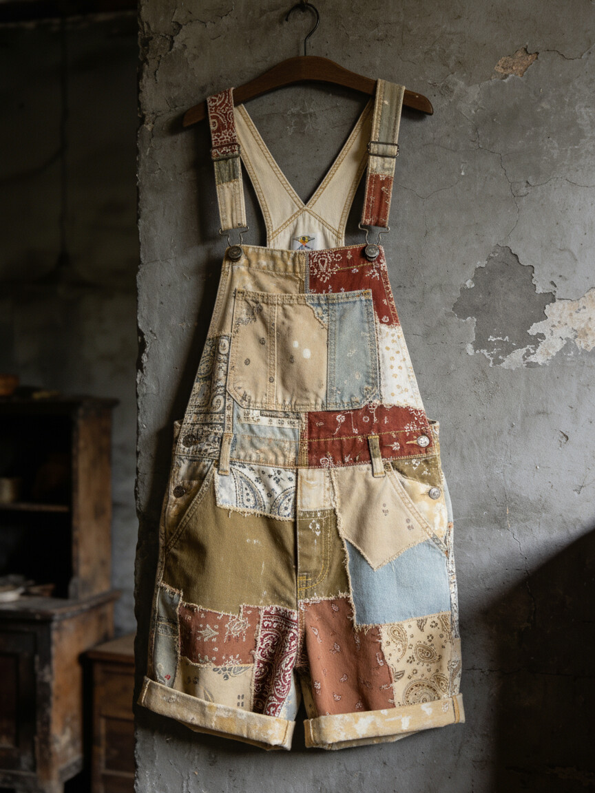 Men's Paisley Pattern Color Block Patchwork Art Print Denim-Like Shorts Overalls