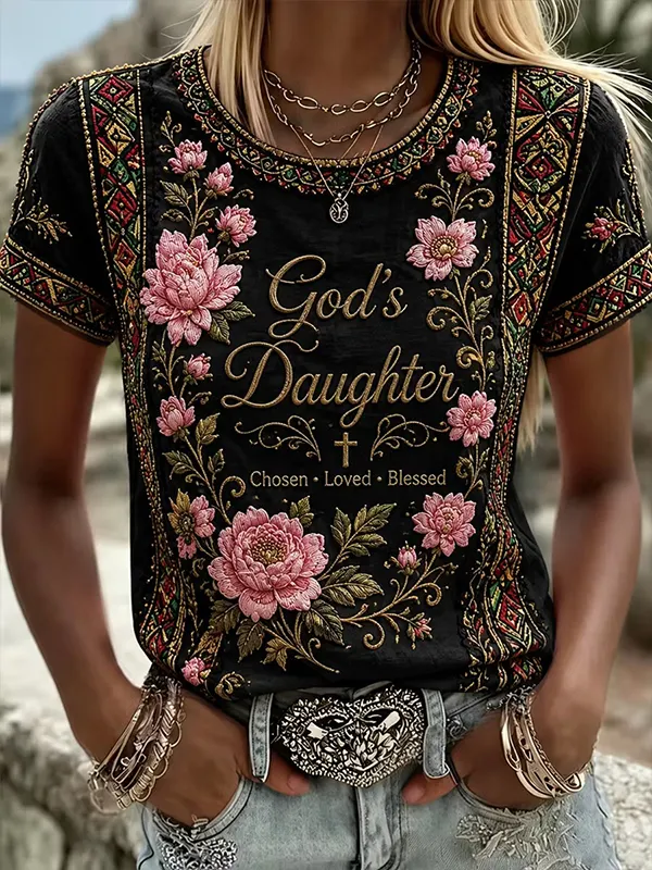 Women's God's Daughter hosen Loved Blessed Quote Floral Print Casual T-Shirt