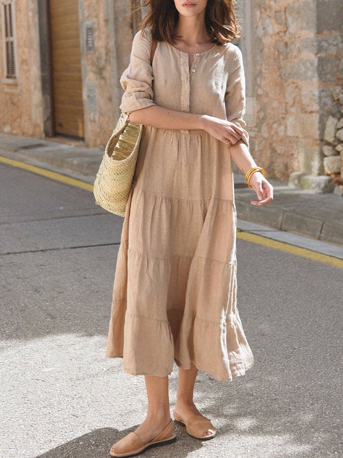 Women's Casual Solid Color Round Neck Long Sleeve Splicing Dress