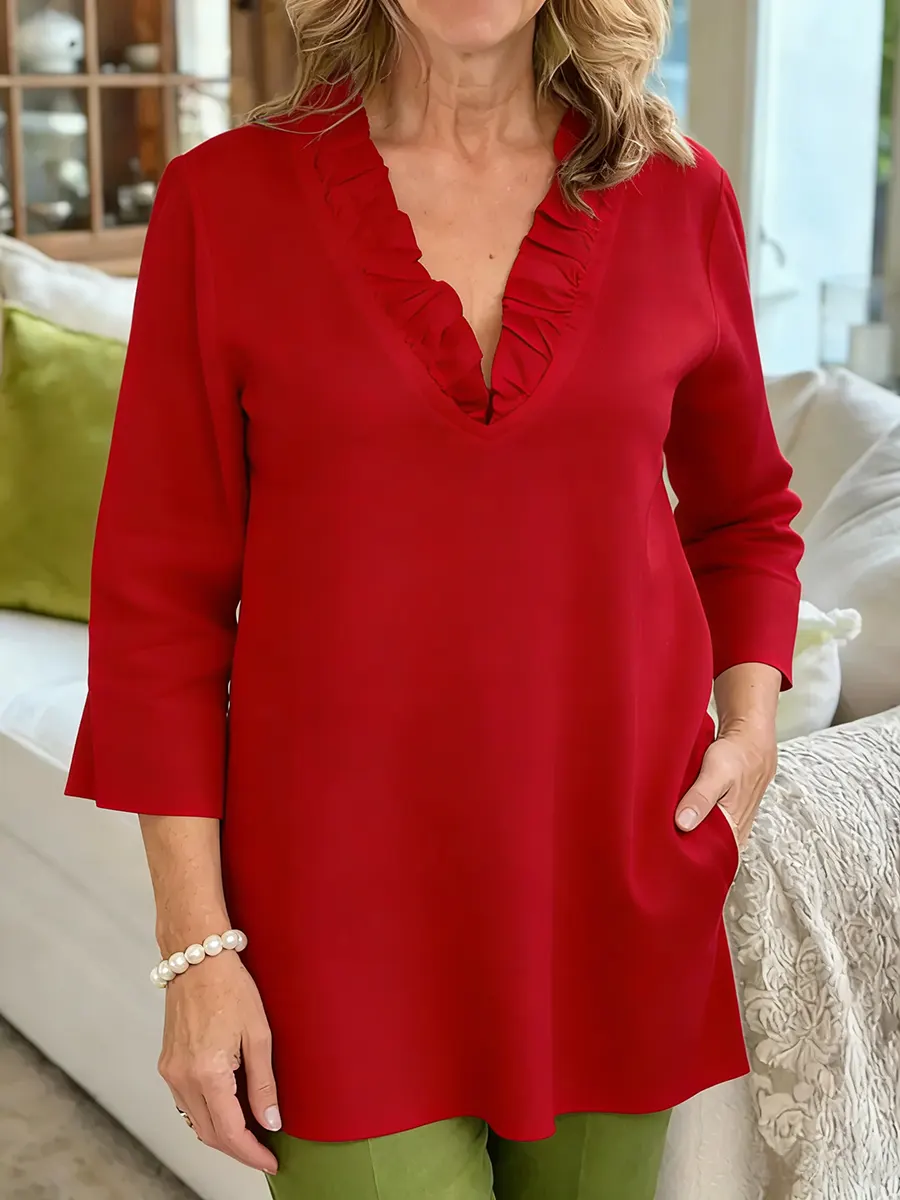 Women's Solid Color V-neck 3/4 Sleeve Casual Loose Cotton And Linen Top