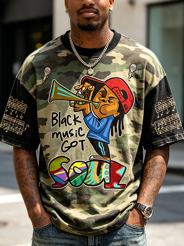 Men's Black Music Soul Saxophone Player Camouflage Art Print Drop Shoulder Casual T-Shirt
