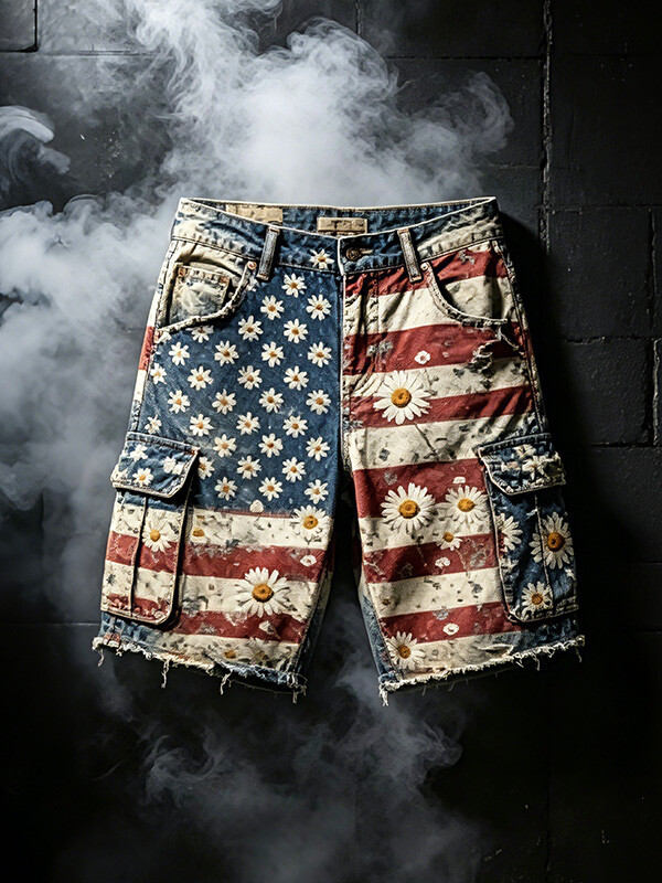 Men's USA Flag Daisy Art Print Denim-Like Casual Shorts