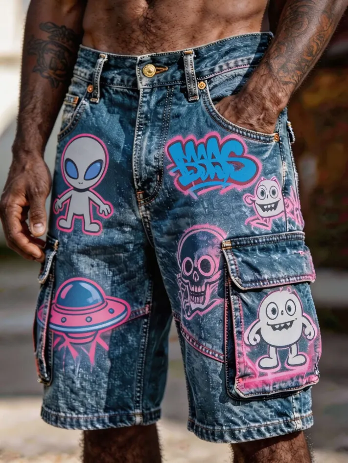 Men's Vintage Tie Dye Alien Ufo Graffiti Print Cargo Shorts