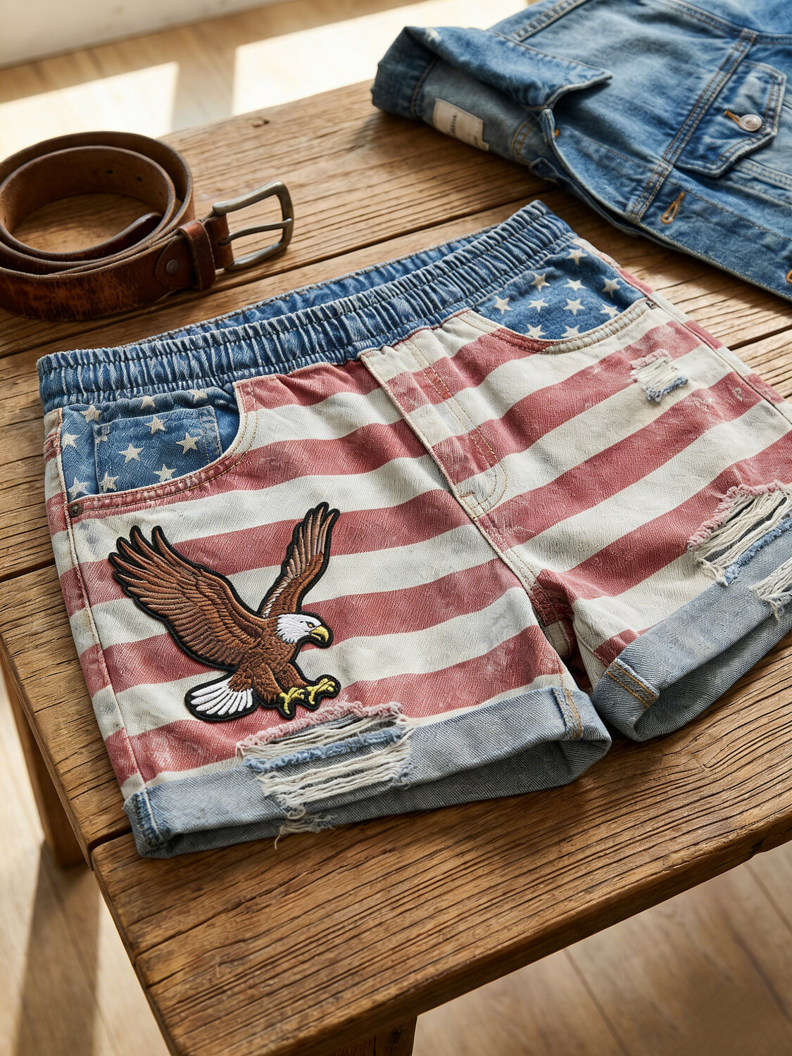 Men's Eagle Stars Stripes American Flag Print Casual Shorts