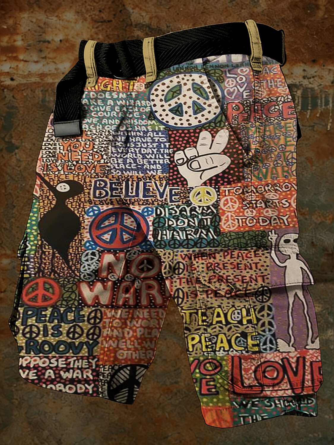 Men's Cartoon Graphic Love Peace Sign Print Cargo Shorts