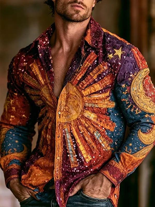 Men's Boho Patchwork Sun Moon Star Print Long Sleeve Shirt