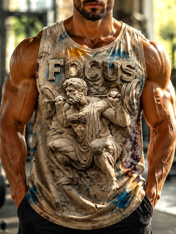 Men's Muscular Greek Statue Squatting With Barbell Focus Print Workout Tank Top