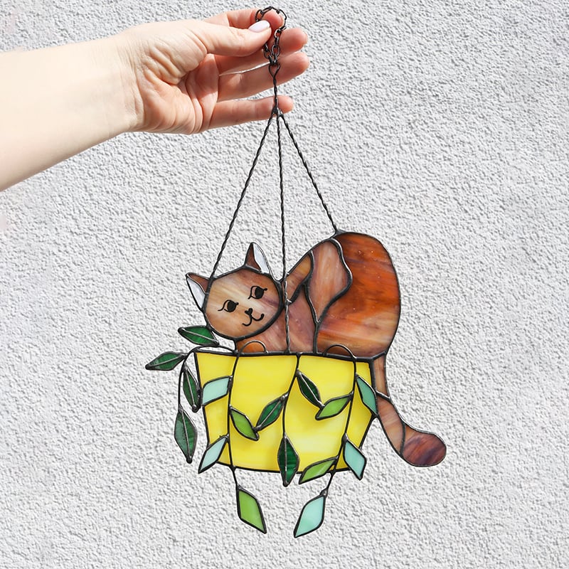 🔥LAST DAY 49% OFF-Cat in a flowerpot Suncatcher Stained Glass Window Hangins😽