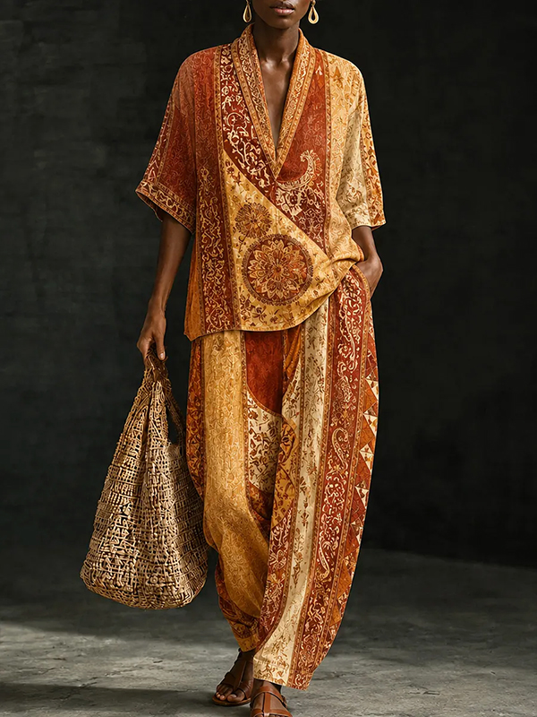 Women's Boho Ethnic Style Paisley Pattern Deep V Neck Half Sleeve T-Shirt Pants Matching Set