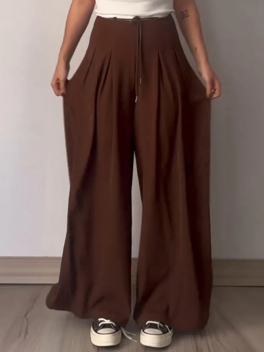 Women's Summer Solid Color High Waist Lace-up Loose Casual Cotton and Linen Wide Leg Pants