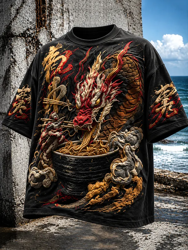 Men's Funny Ramen Dragon Print Casual T-Shirt
