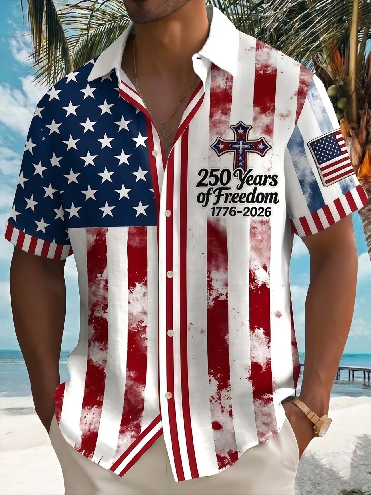 [Copy][Copy][Copy][Copy]Men's Eagle US Flag America's 250th Anniversary Button Up Shirt Short Sleeve Patriotic Collared