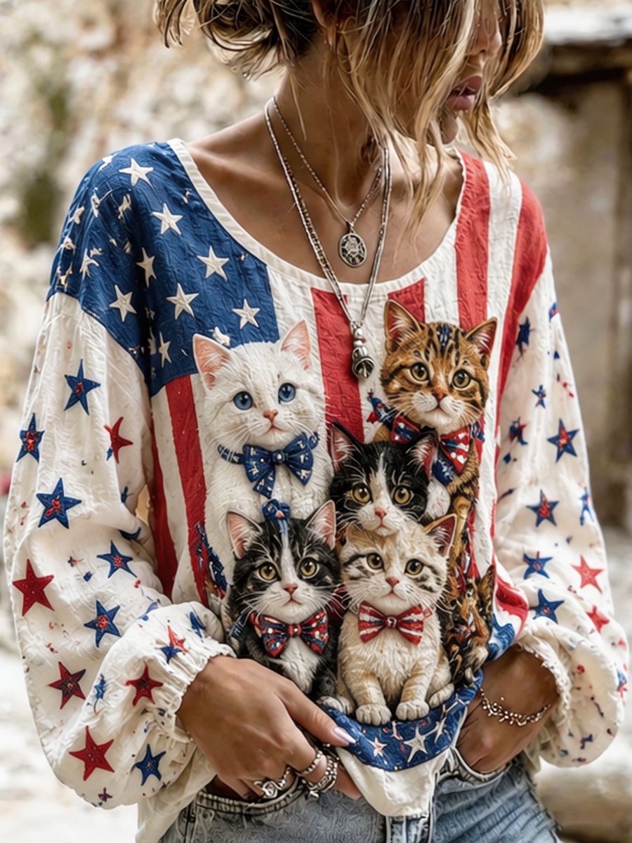 Women's American Flag Cat 4th of July Linen Long Sleeve Shirt