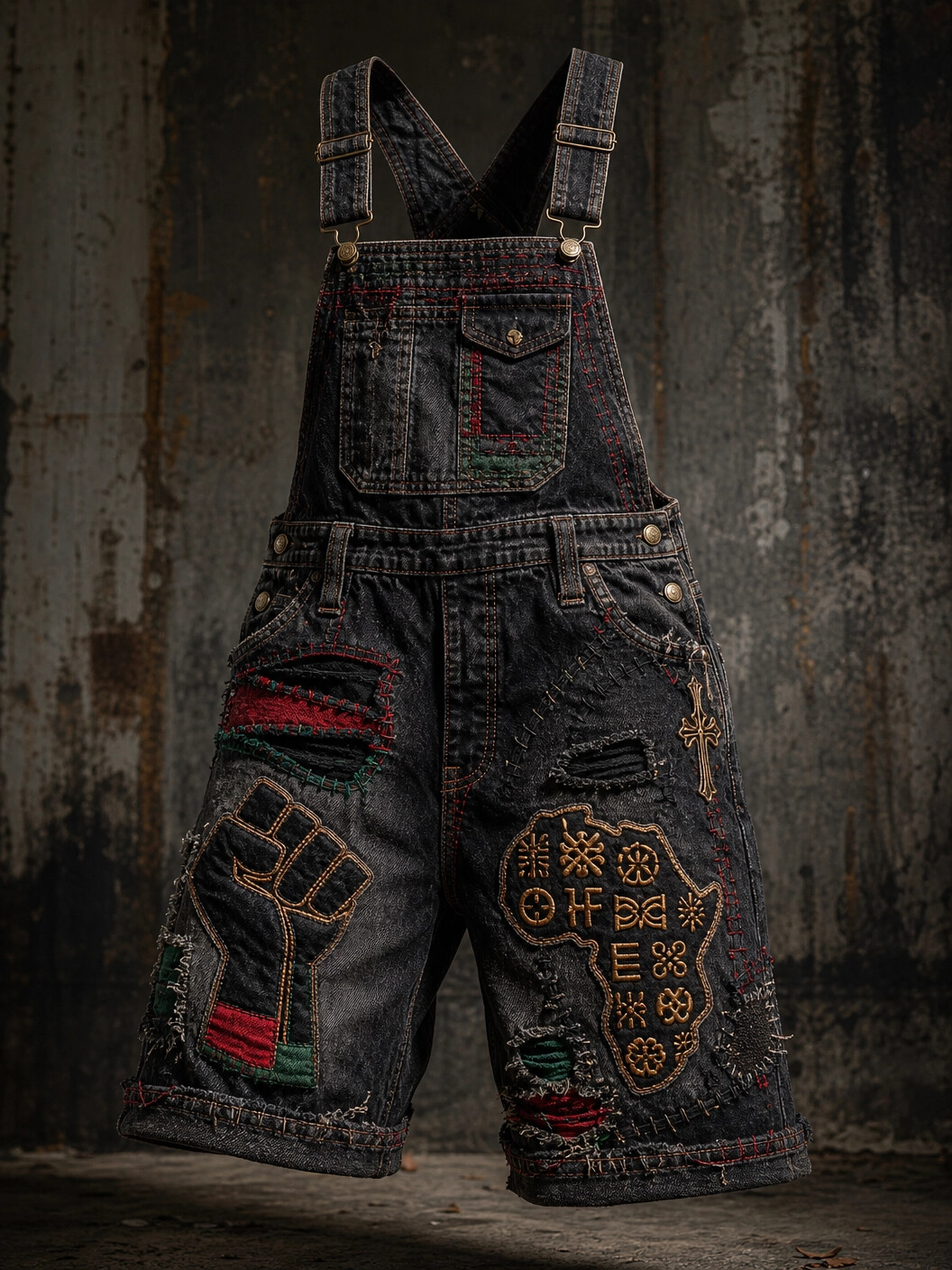 Men's Black Fist Map of Africa Print Shorts Overalls