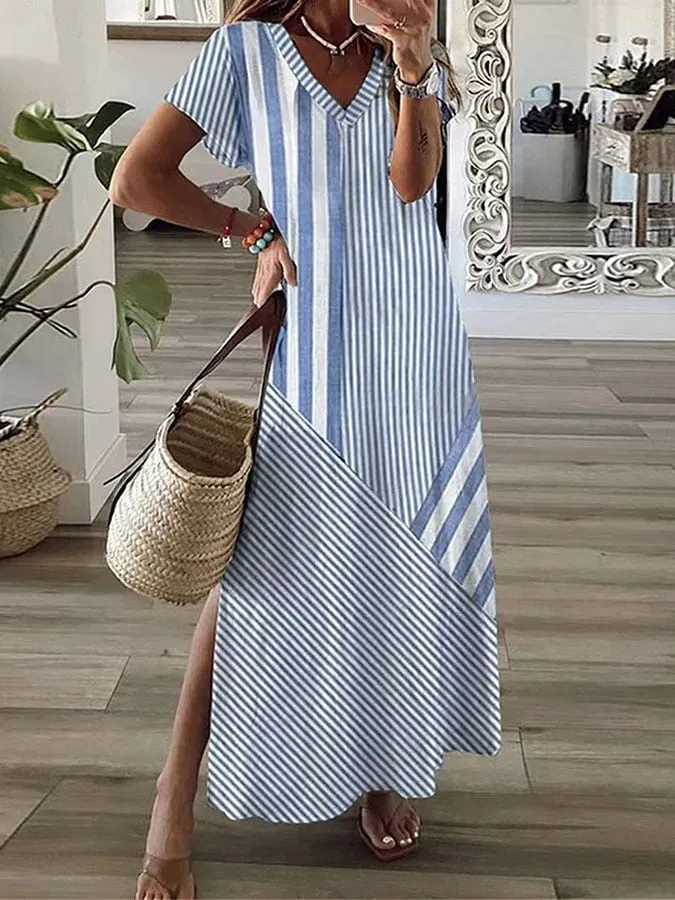 Women's Casual V-Neck Short Sleeve Striped Print Dress
