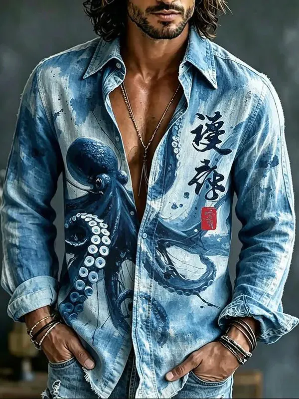 Men's Japanese Octopus Ink Art Wash Print Long Sleeve Shirt