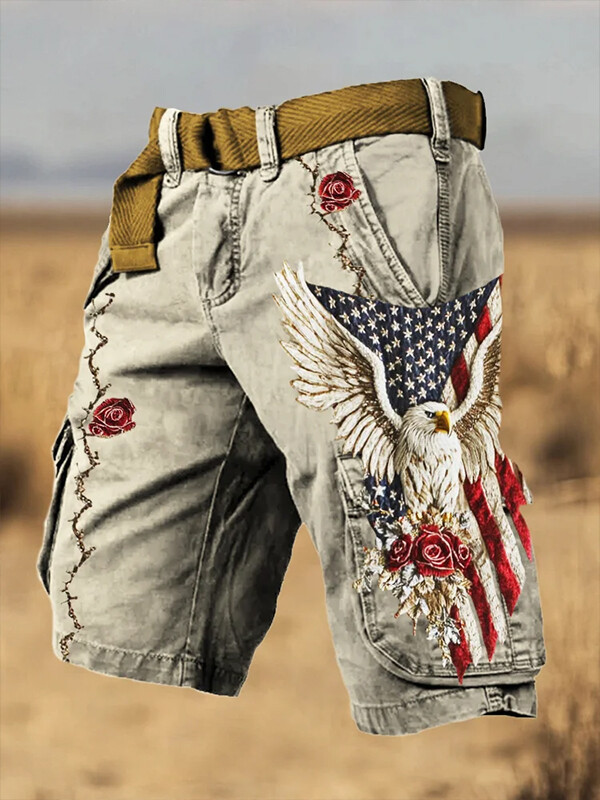 Men's Bald Eagle American Flag Rose Art Print Denim-Like Casual Shorts