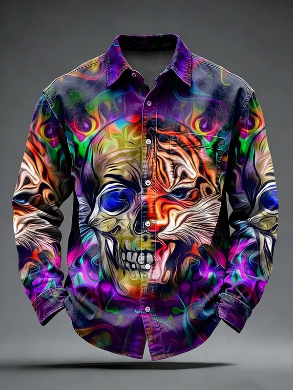Men's Retro Hippie Skull Tiger Floral Peace Print Long Sleeve Shirt