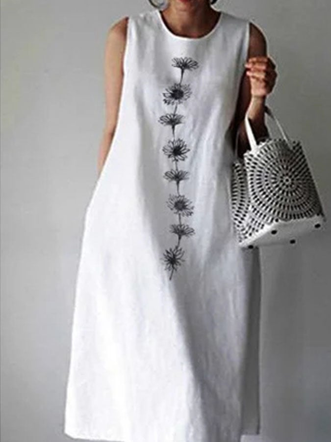 Ladies Cotton Linen Print Dress