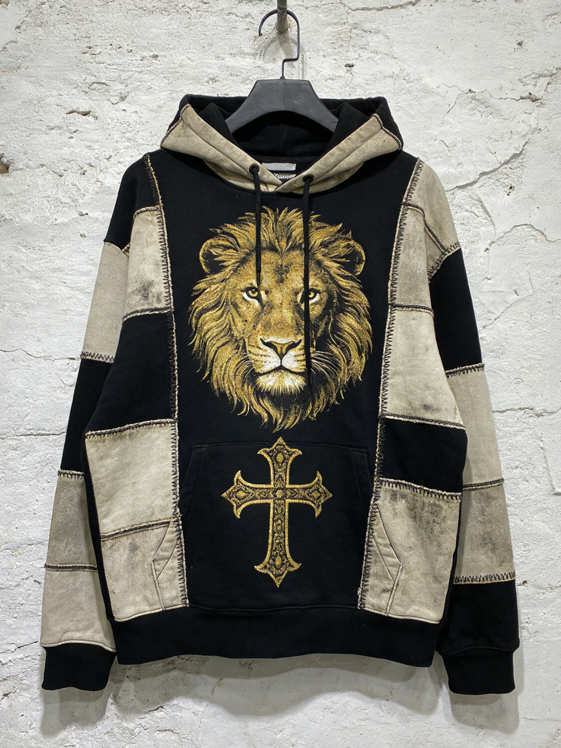 Men's Retro Cross Lion Patchwork Printed Casual Hoodie