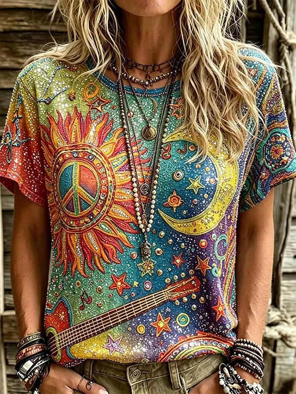 Women's Boho Rainbow Sun Moon Peace Sign Guitar Rhinestone Art Print Casual T-Shirt