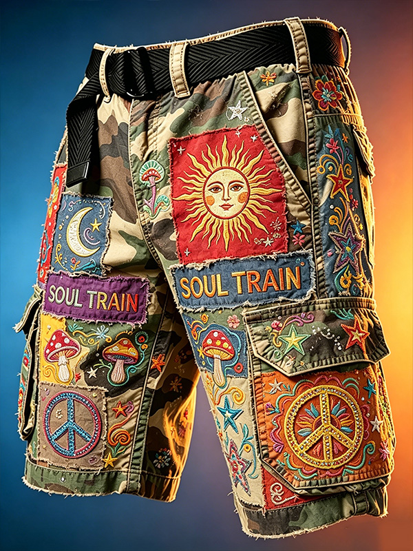 Men's Fun Hippie Graffiti Fabric Patchwork Art Print Denim-Like Casual Shorts