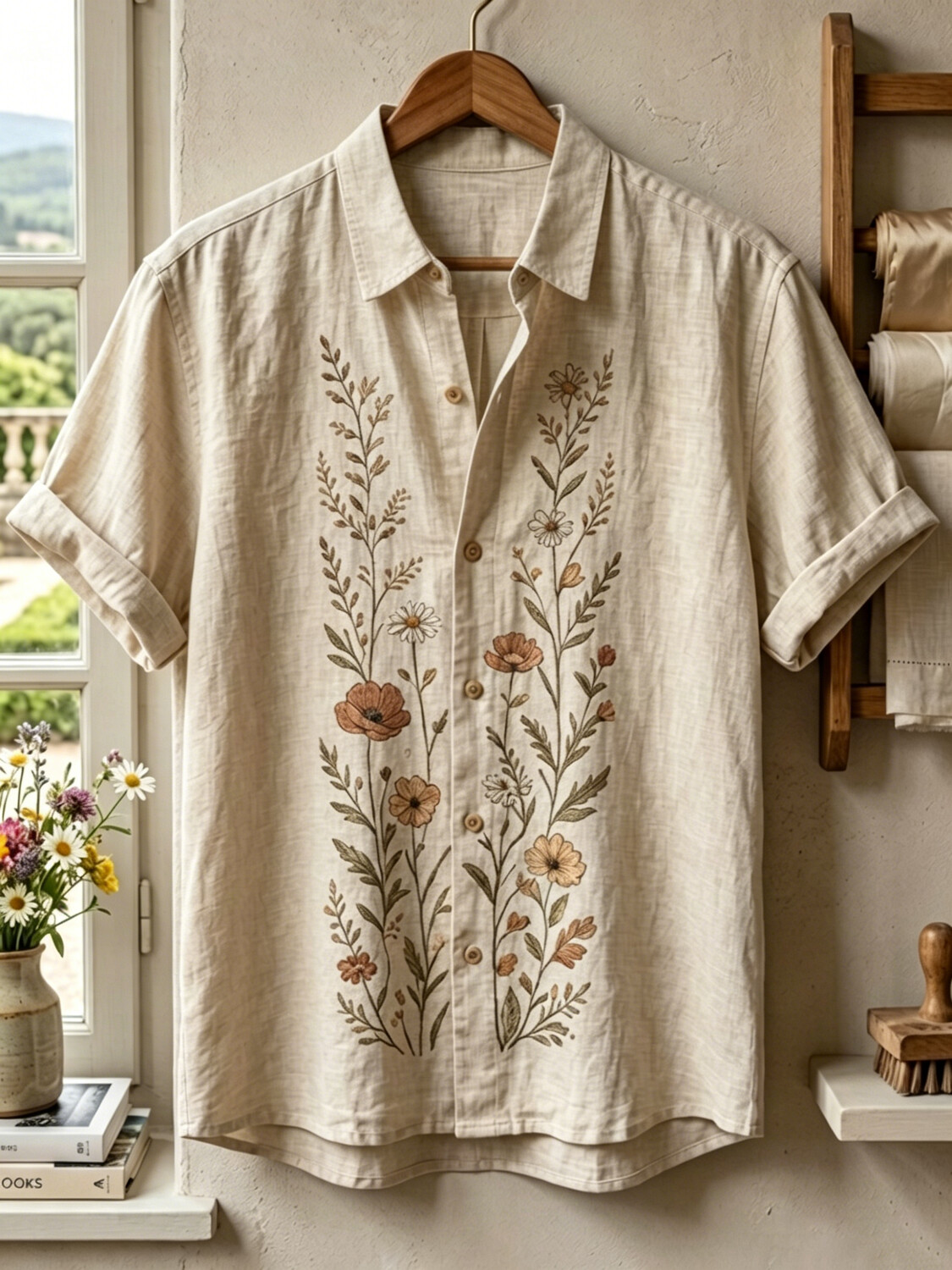 Women's Poppies Daisies Wildflowers Print Short Sleeve Shirt