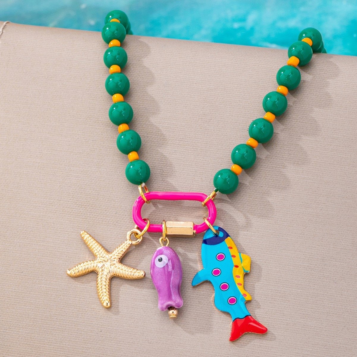 🌈✨3pc Summer Layered Beaded Dopamine Necklace Set 🦀Colorful Fish and Starfish Charms🐠