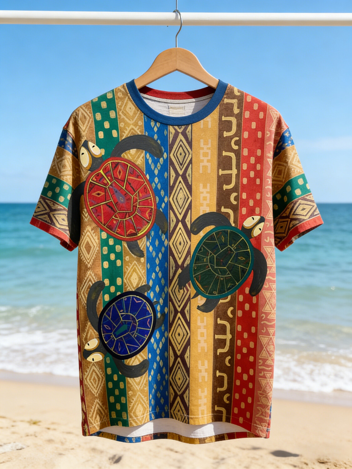 Men's Ethnic Geometric Sea Turtle Art Print T-Shirt