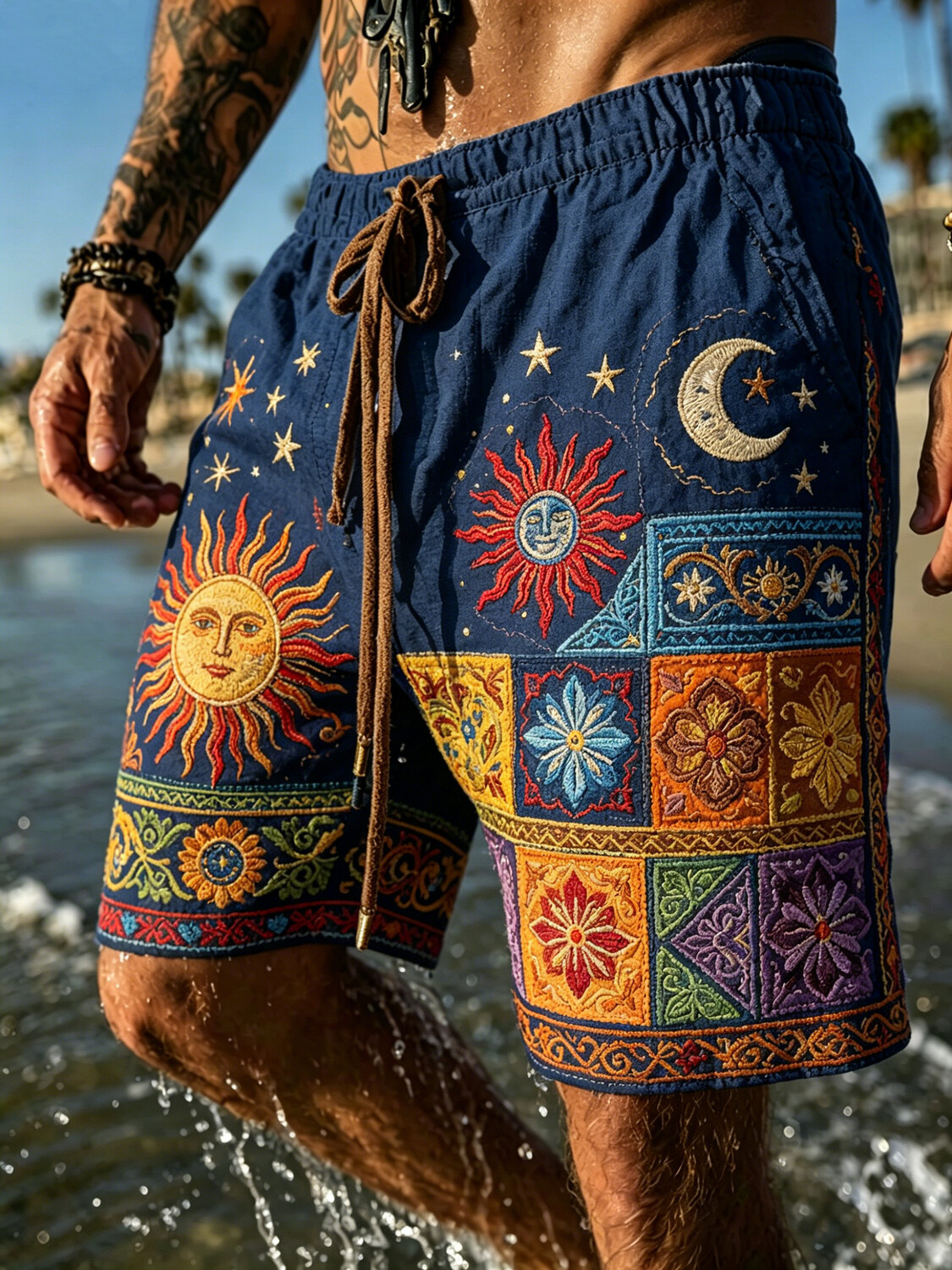 Men's Retro Sun And Moon Geometric Patchwork Art Print Casual Shorts