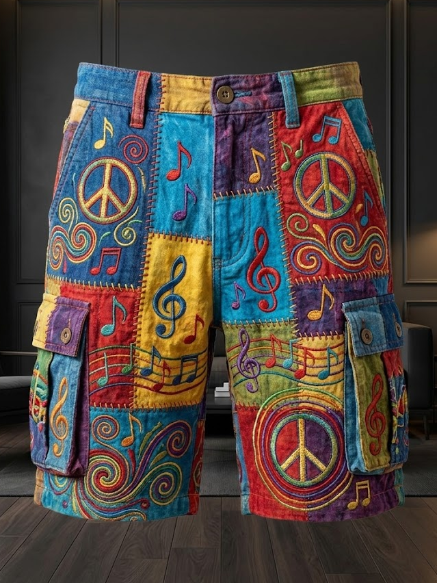 Men's Rainbow Music Peace Sign Patchwork Colorful Hippie Art Print Casual Shorts
